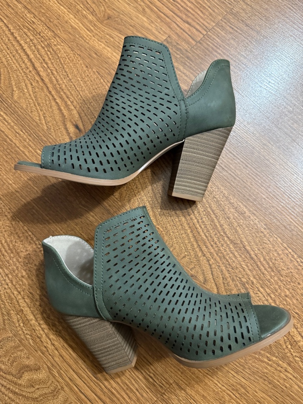 Restricted Olive Green Perforated Peep-Toe Slip-On Heels
